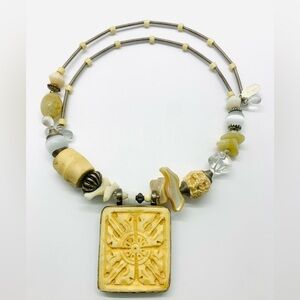 Artisan Vintage Beige Carved Mixed Stone Necklace Jewelry